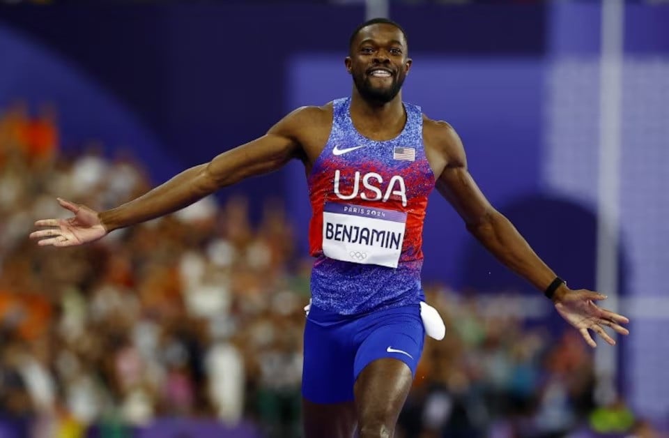 rai benjamin of united states celebrates after winning gold in men s 400m hurdles final during paris olympics at stade de france saint denis france on august 09 2024 photo reuters