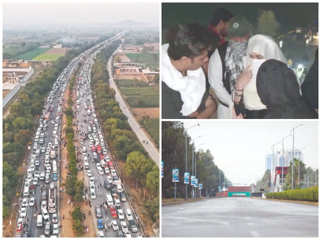 bushra bibi stands on a container during the pti rally pti protesters move in a convoy of vehicles in k p and containers placed on a road to seal islamabad s red zone photos express agencies