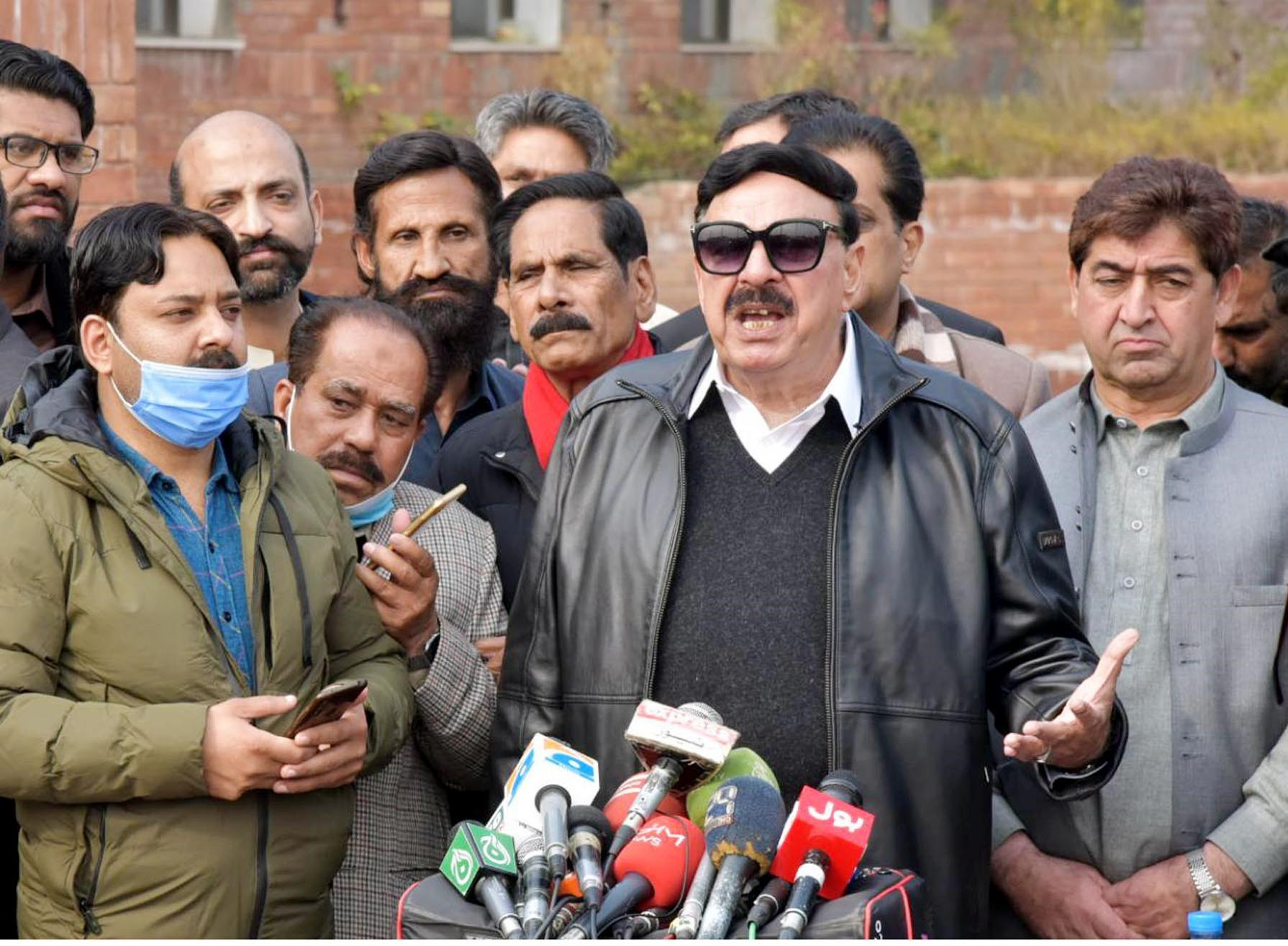 interior minister sheikh rashid talks to media in rawalpindi after his visit of under construction mother and child hospital in rawalpindi jan 16 2022 photo pid