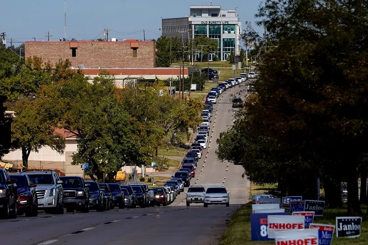 voters wait in a long line of cars during early voting at the oklahoma election board in oklahoma city oklahoma us october 29 2020 photo reuters voters wait in a long line of cars during early voting at the oklahoma election board in oklahoma city oklahoma us october 29 2020 photo reuters