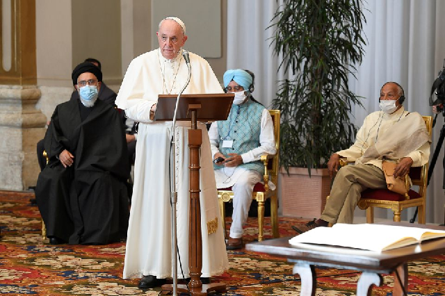 pope francis takes part in the faith and science towards cop26 meeting with other religious leaders ahead of the united nations climate change conference cop26 in november in britain at the vatican october 4 2021 photo reuters