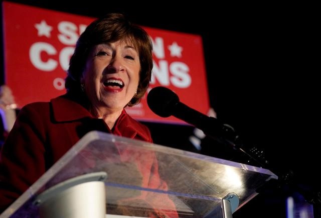 us senator susan collins r me speaks to supporters on stage at her election night headquarters at the hilton garden inn in bangor maine us november 4 2020 photo reuters