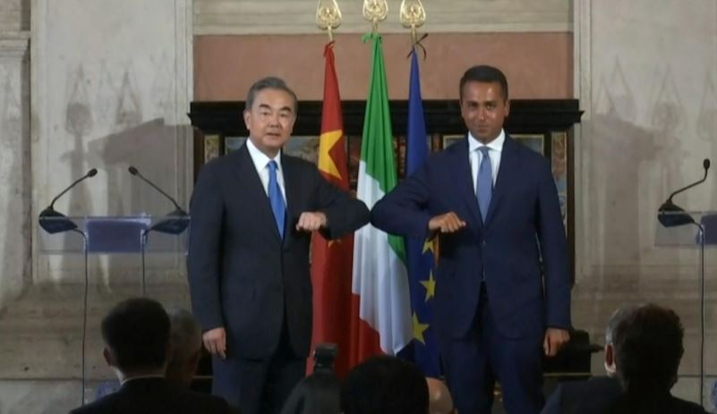 italian foreign minister luigi di maio and chinese foreign minister wang yi touch elbows in greeting at the end of a news conference at the renaissance villa madama meeting venue in rome italy august 25 2020 in this still image taken from video reuters