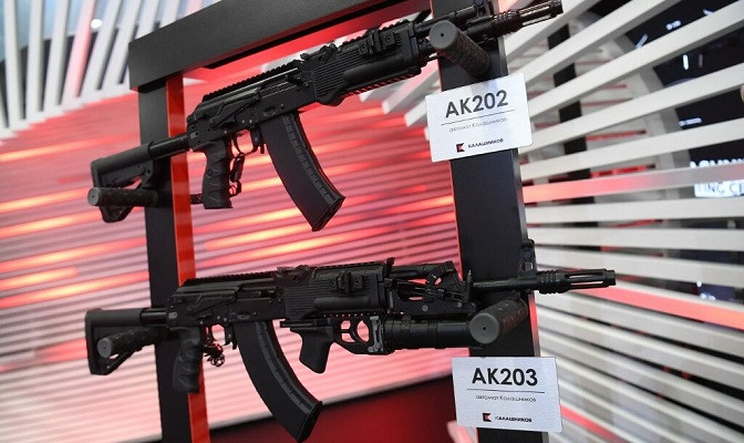 the ak 202 and ak 203 rifles are displayed during the st petersburg international economic forum in st petersburg russia 2019 photo afp