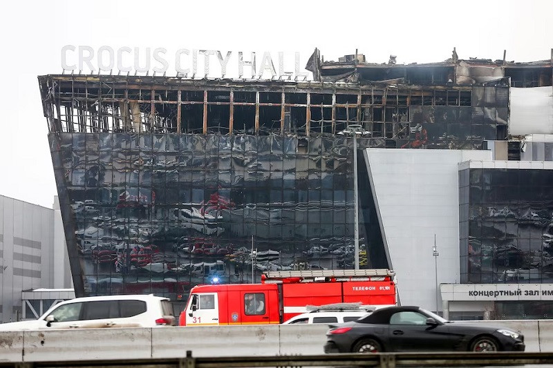 A view shows the Crocus City Hall concert venue following Friday's deadly attack, outside Moscow, Russia, March 23, 2024. PHOTO: REUTERS