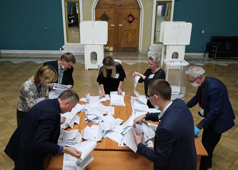 members of a local election commission count ballots at a polling station inside kazansky railway terminal after polls closed during a three day long parliamentary election in moscow russia september 19 2021 photo reuters