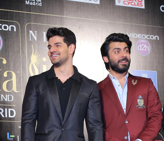 (L-R)Sooraj Pancholi and Fawad Khan at the IIFA 2016 Opening Press Conference in Madrid shown to user