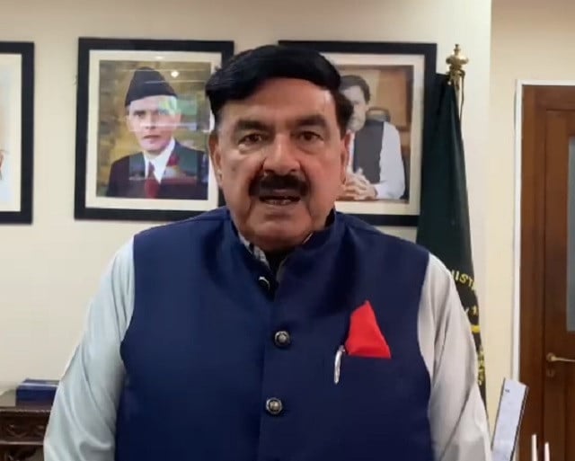 interior minister sheikh rashid is seen delivering a video message on the johar town blast screengrab
