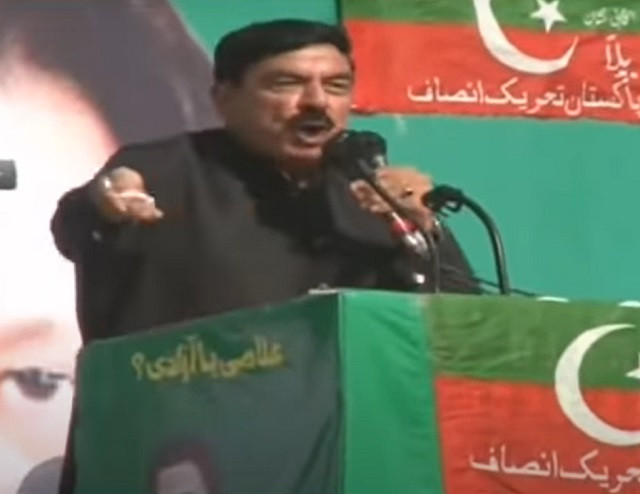 former interior minister sheikh rashid addresses a rally in abottabad on may 8 2022 screengrab