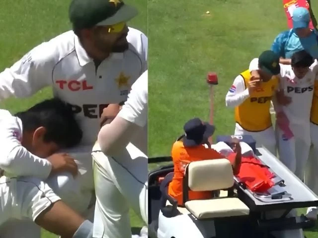 watch saim ayub stretchered off after twisting ankle during sa test watch saim ayub stretchered off after twisting ankle during sa test