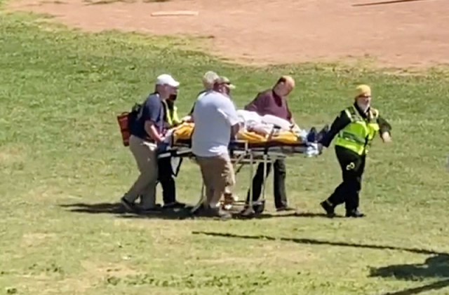 author salman rushdie is transported to a helicopter after he was stabbed on stage before his scheduled speech at the chautauqua institution chautauqua new york us august 12 2022 photo reuters