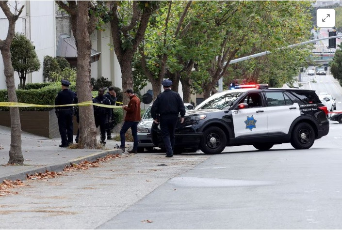 law enforcement members stand on the street near the chinese consulate where local media has reported a vehicle may have crashed into the building in san francisco california us on october 9 2023 photo reuters