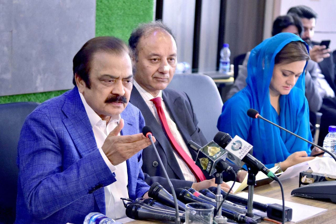 interior minister rana sanaullah addresses a press conference alongside information minister marriyum aurangzeb and other federal ministers in islamabad on june 14 2022 photo pid