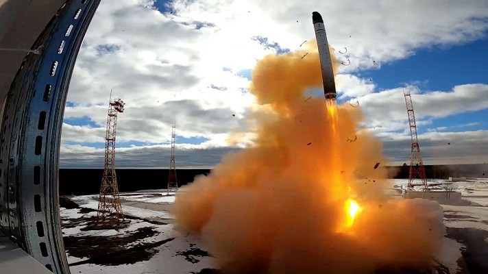 a sarmat intercontinental ballistic missile is test launched by the russian military at the plesetsk cosmodrome in arkhangelsk region russia in this still image taken from a video released on april 20 2022 photo reuters