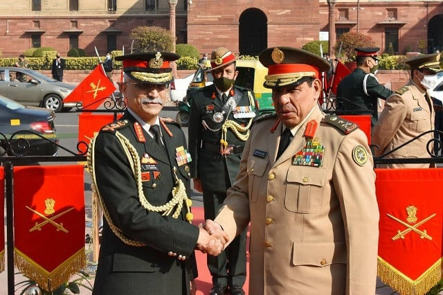 saudi arabia land forces commander lieutenant general fahd bin abdullah mohammed al mutair being received by chief of the army staff of indian army general mm naravane on feb 15 2022 photo indian defence ministry saudi arabia land forces commander lieutenant general fahd bin abdullah mohammed al mutair being received by chief of the army staff of indian army general mm naravane on feb 15 2022 photo indian defence ministry