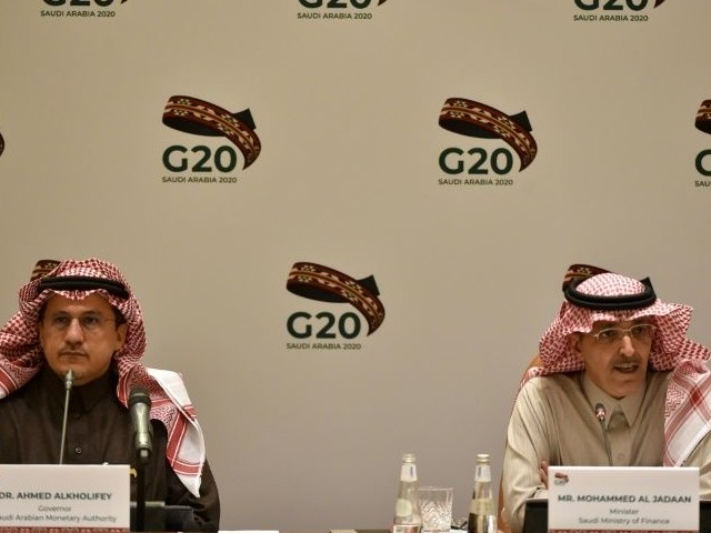 saudi arabia is the host of the virtual g20 talks chaired by saudi finance minister mohammed al jadaan r and central bank governor ahmed al kholifey photo afp file