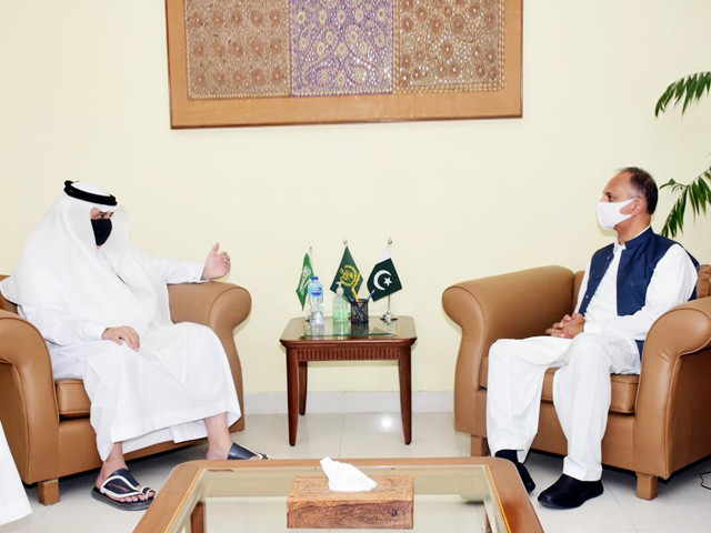 ambassador of saudi arabia in pakistan nawaf bin saeed al malkiy called on the federal minister for economic affairs omar ayub khan at his office on june 9 2021 photo express