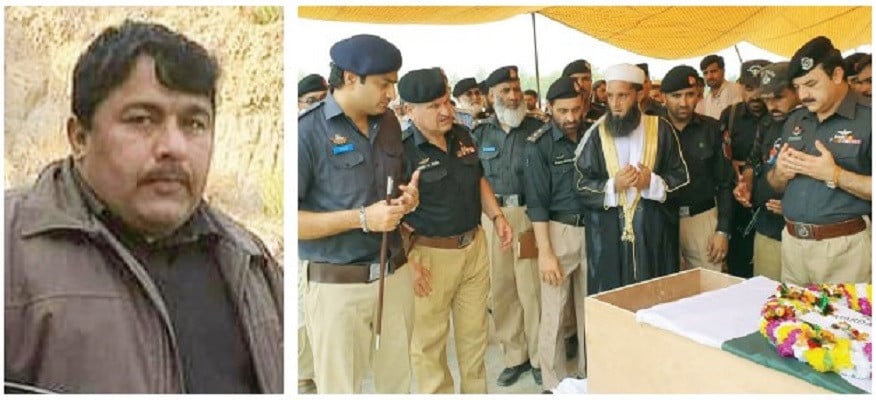 the slain head constable of swabi police who was martyred in a terrorist attack was laid to rest at his ancestral graveyard after his last rites at police lines photo express