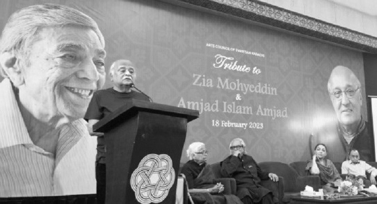 homage to greats writer anwar maqsood speaks at a ceremony held at acp to honour zia mohyeddin and amjad islam amjad photo express