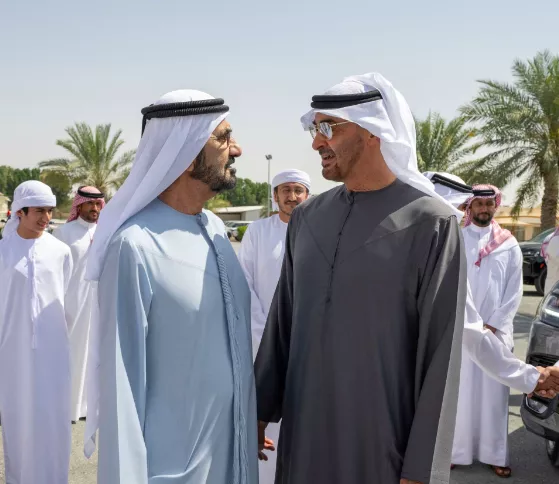 president of the united arab emirates sheikh mohamed bin zayed al nahyan and sheikh mohamed bin rashid al maktoum vice president prime minister of the uae ruler of dubai and minister of defence arrive at a lunch reception hosted by major general sheikh nasser bin hamad al khalifa national security advisor of bahrain not shown at al marmoum in dubai united arab emirates february 26 2023 photo mohamed al hammadi uae presidential court handout via reuters president of the united arab emirates sheikh mohamed bin zayed al nahyan and sheikh mohamed bin rashid al maktoum vice president prime minister of the uae ruler of dubai and minister of defence arrive at a lunch reception hosted by major general sheikh nasser bin hamad al khalifa national security advisor of bahrain not shown at al marmoum in dubai united arab emirates february 26 2023 photo mohamed al hammadi uae presidential court handout via reuters