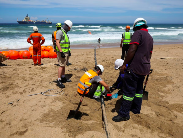 workers install the 2africa undersea cable on the beach in amanzimtoti south africa february 7 2023 photo reuters rogan ward workers install the 2africa undersea cable on the beach in amanzimtoti south africa february 7 2023 photo reuters rogan ward