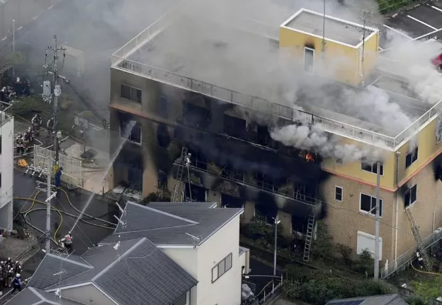 an aerial view shows firefighters battling fires at the site where a man started a fire after spraying a liquid at a three story studio of kyoto animation co in kyoto western japan in this photo taken by kyodo july 18 2019 mandatory credit kyodo via reuters file photo an aerial view shows firefighters battling fires at the site where a man started a fire after spraying a liquid at a three story studio of kyoto animation co in kyoto western japan in this photo taken by kyodo july 18 2019 mandatory credit kyodo via reuters file photo