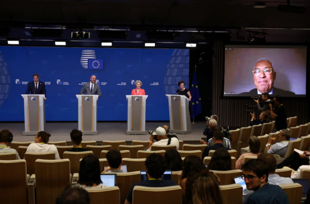 former portuguese prime minister antonio costa appears on a screen via a video link during a press conference with belgium s prime minister alexander de croo european council president charles michel european commission president ursula von der leyen and a european union spokesperson during a european union leaders summit in brussels belgium june 28 2024 reuters former portuguese prime minister antonio costa appears on a screen via a video link during a press conference with belgium s prime minister alexander de croo european council president charles michel european commission president ursula von der leyen and a european union spokesperson during a european union leaders summit in brussels belgium june 28 2024 reuters