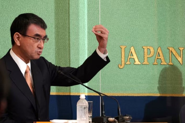 taro kono speaks during a debate session held by japan national press club september 18 2021 in tokyo japan photo reuters