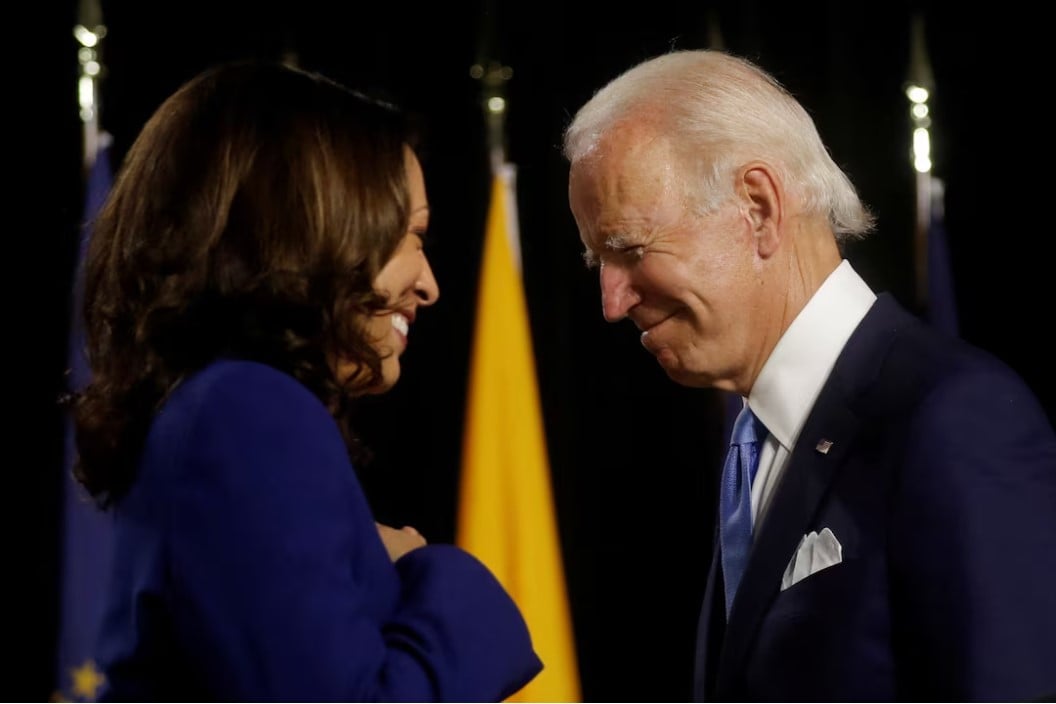 democratic presidential candidate and former vice president joe biden and vice presidential candidate senator kamala harris are seen at the stage during a campaign event their first joint appearance since biden named harris as his running mate at alexis dupont high school in wilmington delaware us photo reuters