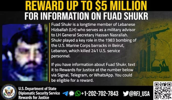 an undated photograph of muhsin shukr also known as fuad shukr and described by lebanese security sources as head of hezbollah s operations center appears on a wanted poster circulated by the u s department of state s diplomatic security service entity rewards for justice rewards for justice rfj handout via reuters