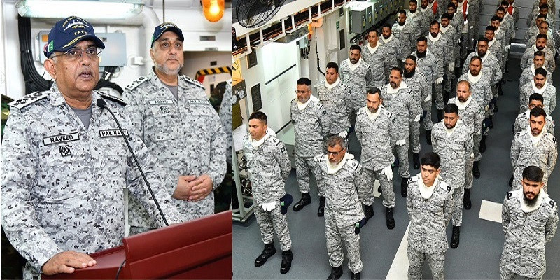 chief of the naval staff admiral naveed ashraf addressing troops onboard pakistan navy ship during exercise seaspark 2024 photo ispr