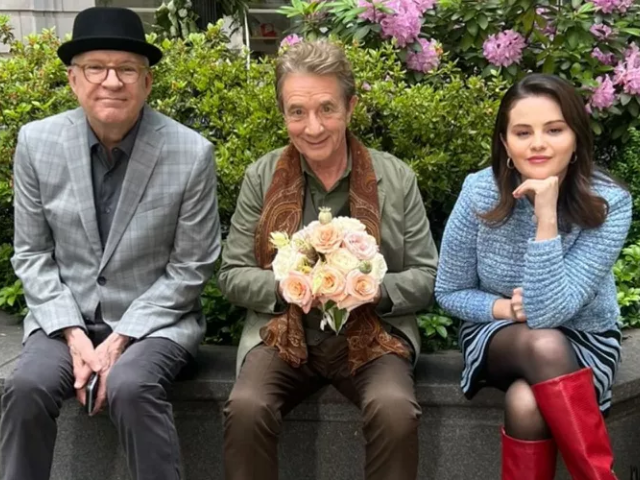 steve martin martin short and selena gomez pose for a photo together on the set of only murders in the building photo selena gomez s instagram