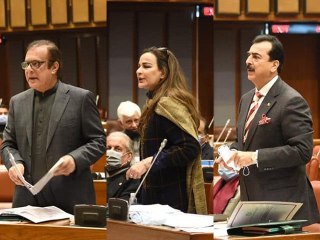 federal minister shibli faraz l ppp senators sherry rehman c and yousaf raza gilani r photo facebook senateofpakistan