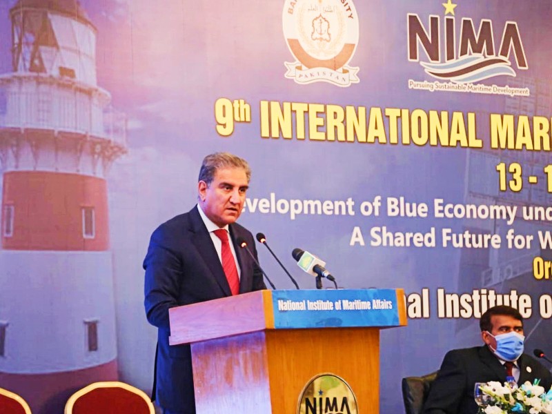 foreign minister makhdoom shah mahmood qureshi addressing at the 9th international maritime conference 2021 at nima karachi on february 15 2021 photo pid