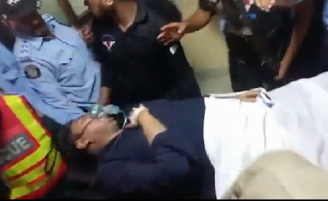 pti leader shahbaz gill is being taken to hospital on stretcher screengrab pti leader shahbaz gill is being taken to hospital on stretcher screengrab