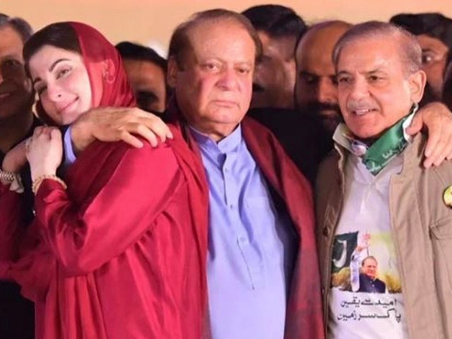pakistan muslim league nawaz leaders maryam nawaz l nawaz sharif c and shehbaz sharif r at the stage during a rally at minar e pakistan in lahore on october 21 2023 photo x pmln org