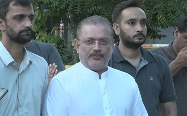 sindh information minister sharjeel inam memon talks to media following ppp s cec meeting in karachi on july 18 2022 screengrab