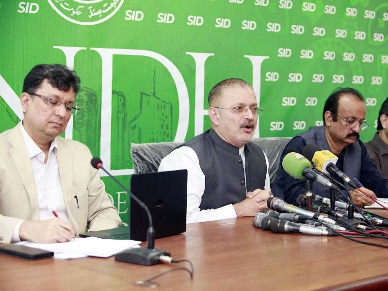 sindh minister for excise and taxation transport and mass transit sharjeel inam memon addresses to media persons during press conference in karachi on may 6 2024 photo ppi