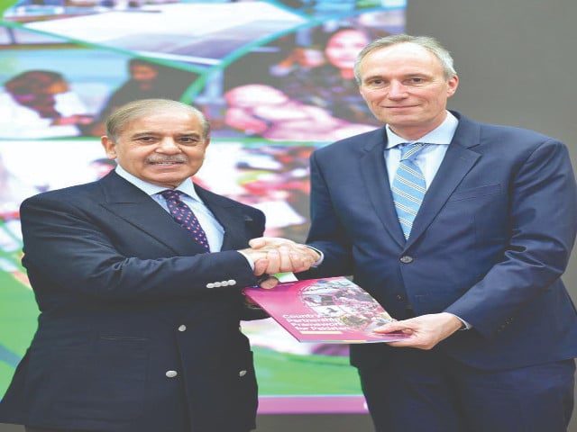 prime minister shehbaz sharif shakes hands with world bank south asia vice president martin raiser at a ceremony in islamabad photo app