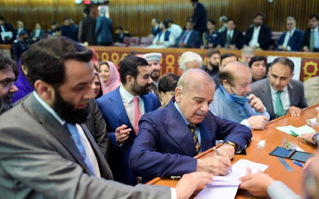 prime minister shehbaz sharif casting his vote at the senate election at parliament house on april 2 2024 photo pid