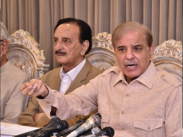 leader of the opposition in the national assembly and pml n president shehbaz sharif along with other party leaders addressing a press conference in islamabad on august 24 2020 photo twitter pmln org