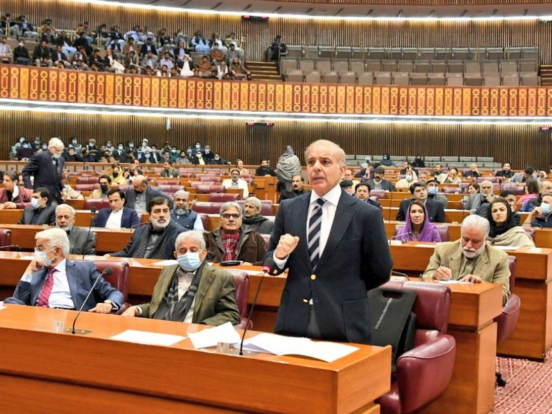 Opposition Leader in National Assembly Shehbaz Sharif addressing a session in National Assembly in Islamabad on January 10, 2022. PHOTO: TWITTER/ @NAofPakistan