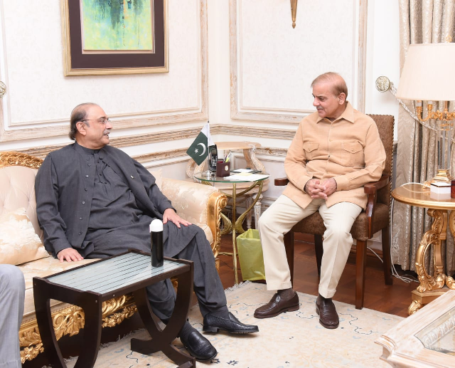 former president asif ali zardari called on prime minister shehbaz sharif in lahore photo express