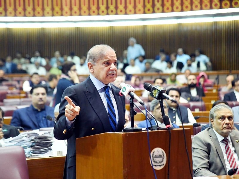 prime minister shehbaz sharif addressing the farewell session of the national assembly in islamabad on august 9 2023 photo pid