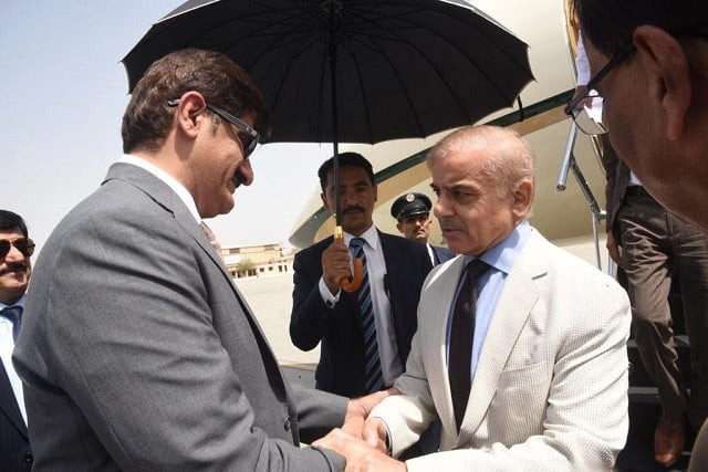prime minister shehbaz sharif is received by sindh chief minister murad ali shah photo express