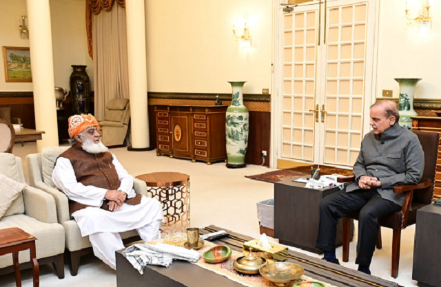 prime minister shehbaz sharif on thursday held a meeting with jamiat ulema e islam chief maulana fazlur rehman photo pm office