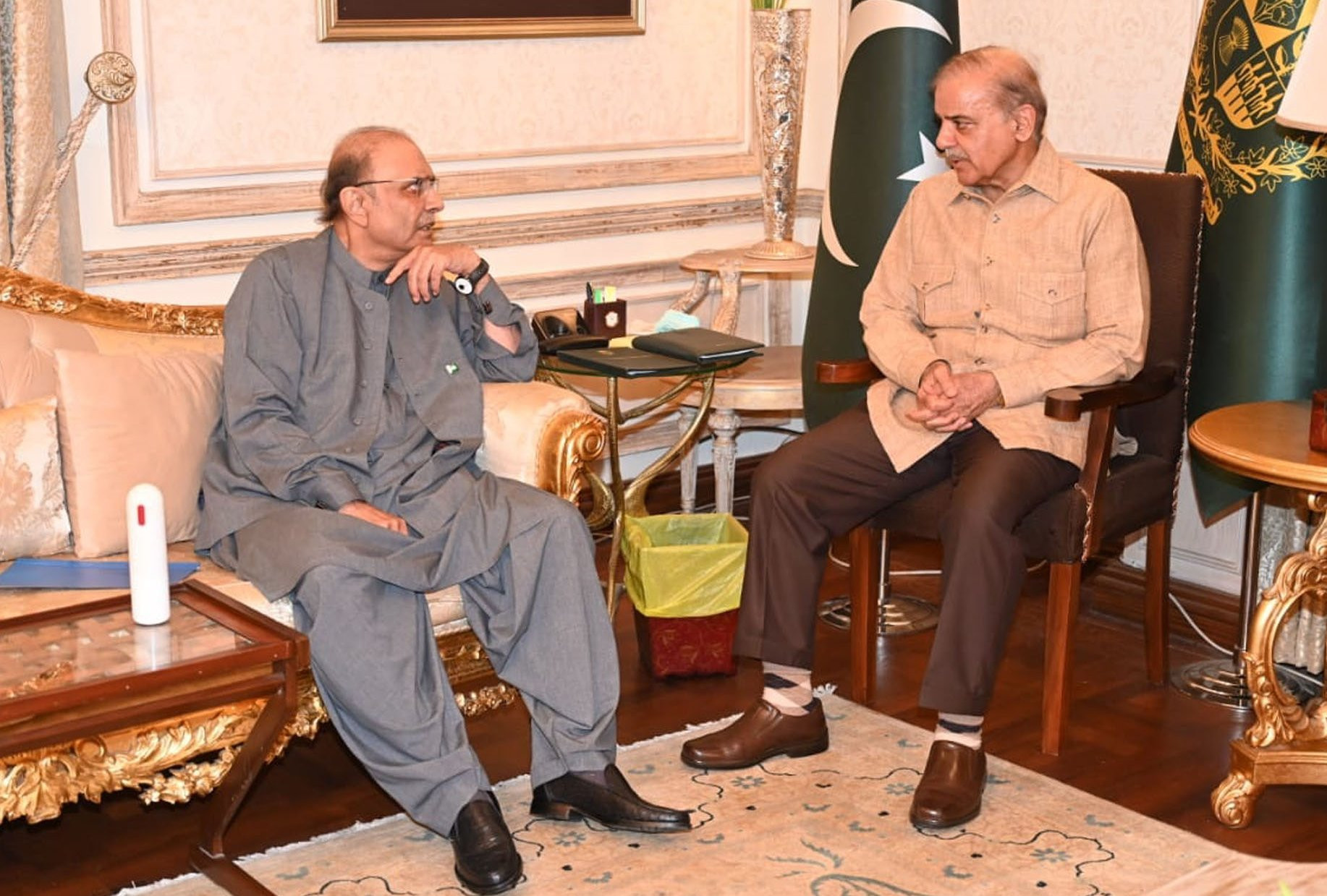 former president of pakistan and pakistan people s party ppp president asif ali zardari calls on prime minister shehbaz sharif in lahore on saturday july 15 2023 photo pid