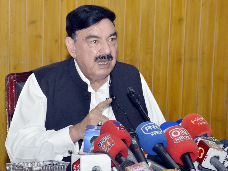 railways minister sheikh rashid ahmad talking to media in lahore on october 10 2020 photo pid file