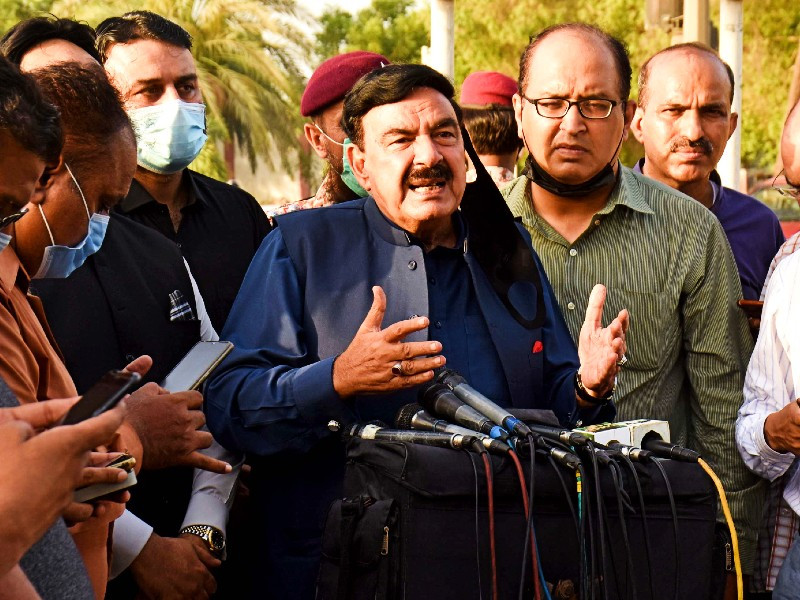 interior minister sheikh rashid ahmed talking to media in karachi on may 26 2021 photo pid