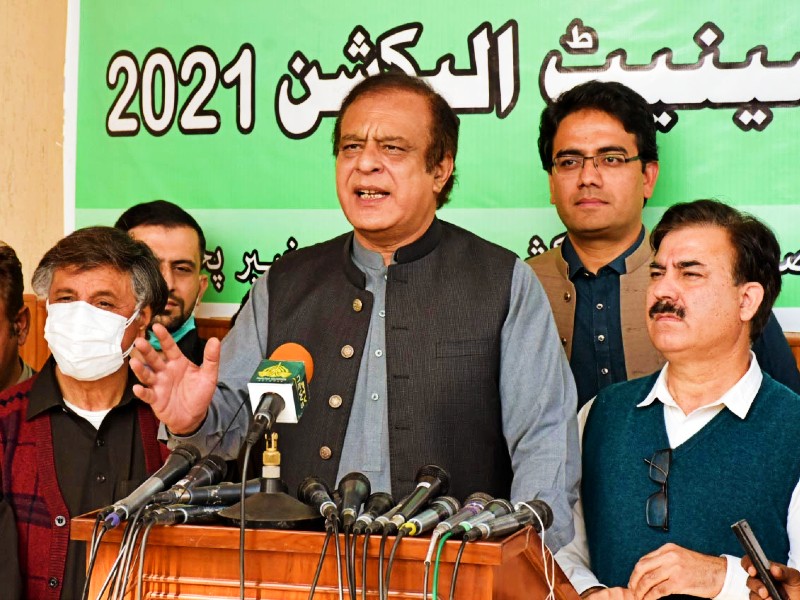 federal minister for information and broadcasting senator shibli faraz talking to media in peshawar on february 13 2021 photo pid